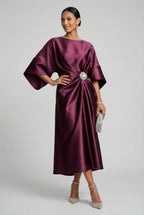 Women's Batwing Midi Dress with Jewel Neckline and Draped Waist - Wine Red