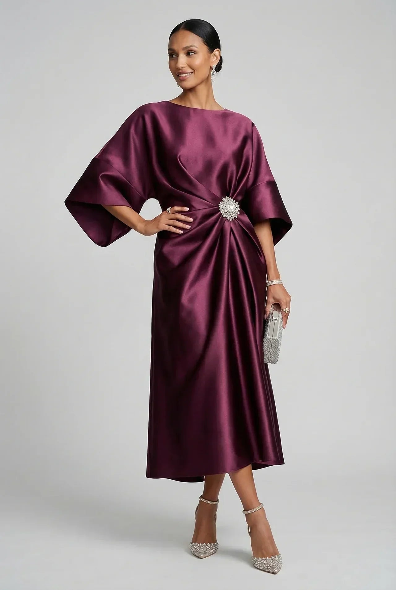 Women's Batwing Midi Dress with Jewel Neckline and Draped Waist - Wine Red