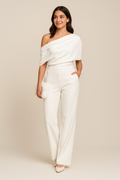 Women's One-Shoulder Jumpsuit with Draped Neckline and Tailored Waist - White