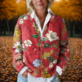 Women's Cardigan Open-Front with Floral Print and Long Sleeves - Red