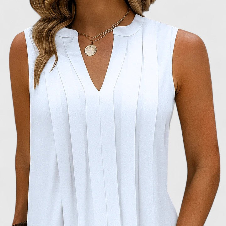 Women's Sleeveless Dress with V-Neck and Pleated Detail - 8