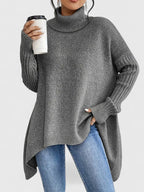 Women's Jumper Roll Neck Long Sleeve Asymmetric Hem - Grey