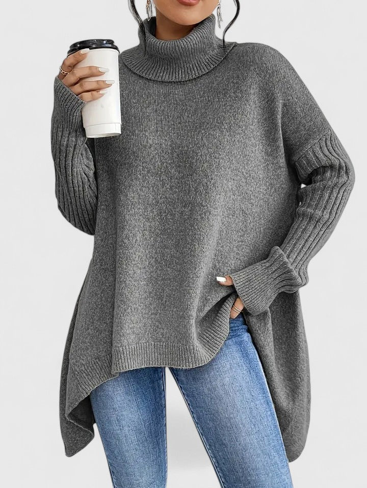 Women's Jumper Roll Neck Long Sleeve Asymmetric Hem - Grey