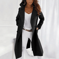 Women's Double-Breasted Long Coat with Notch Collar - Black