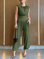 Women's Jumpsuit Sleeveless with Padded Shoulders and Cinched Waist - 9
