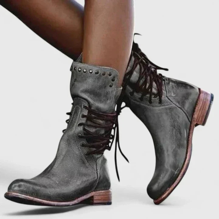 Women's Lace-Up Boots with Studded Trim and Block Heel - Grey