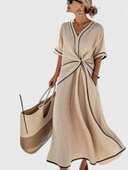 Women's Maxi Dress V-Neck with Contrast Trim and Twist Front - 3