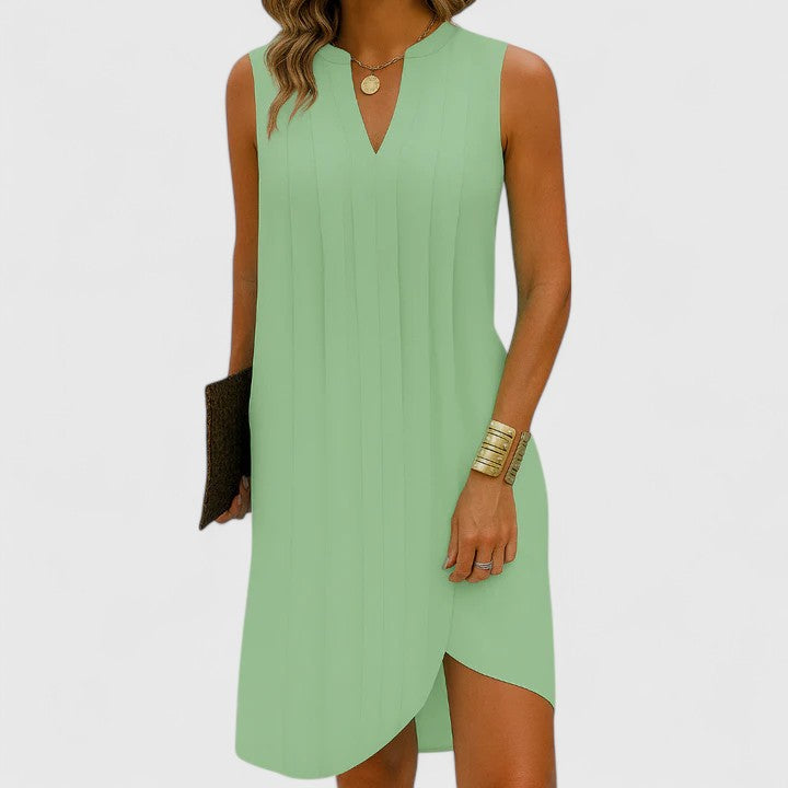 Women's Sleeveless Dress with V-Neck and Pleated Detail - 9