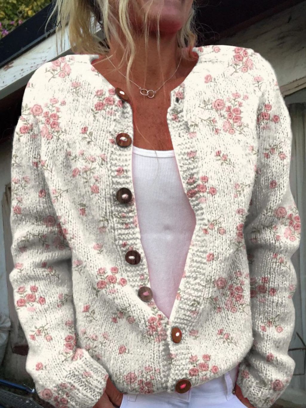Women's Cardigan with Rose Petal Print and Button Front - Multicolour