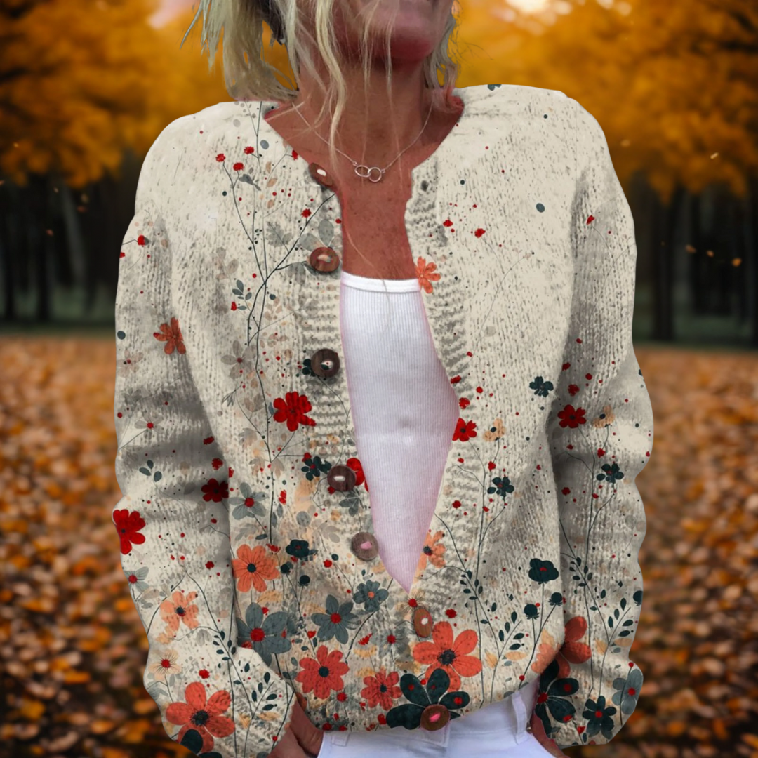 Women's Cardigan Open-Front with Floral Print and Button Detail - Multicolour