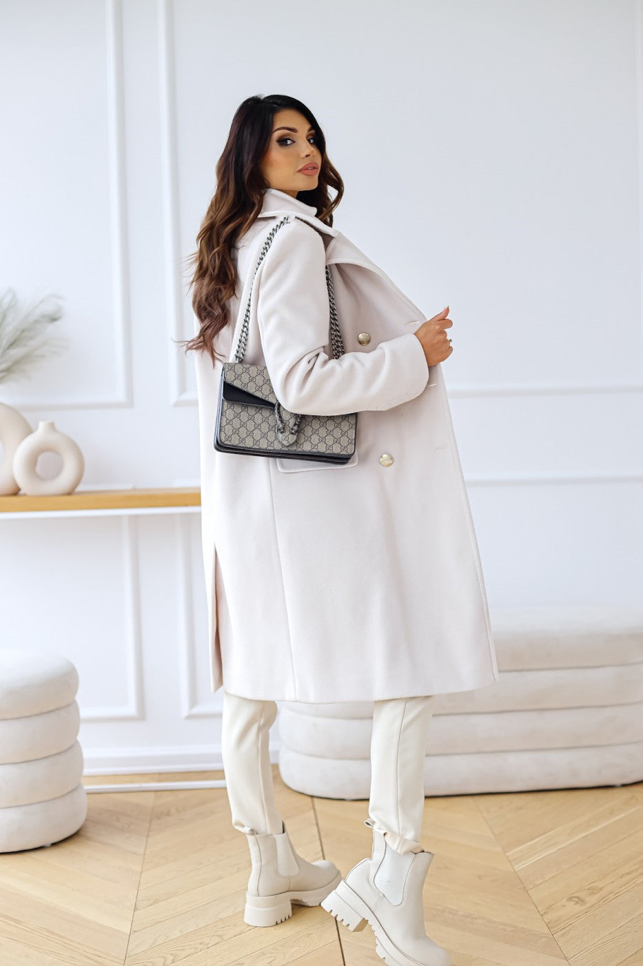 Women's Double-Breasted Wool Coat Gold Button Detail - 16