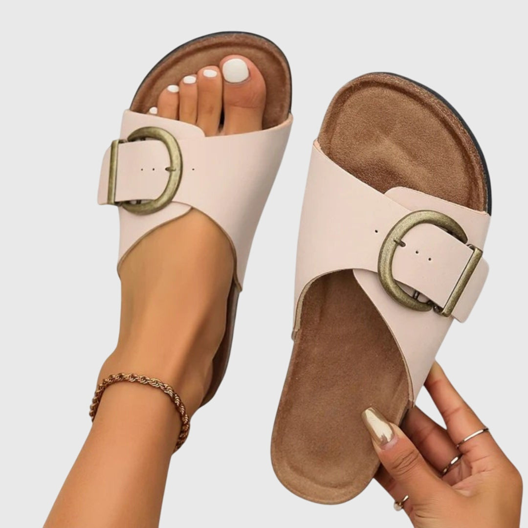 Women's Sandals with Adjustable Buckle and Contoured Footbed - Beige