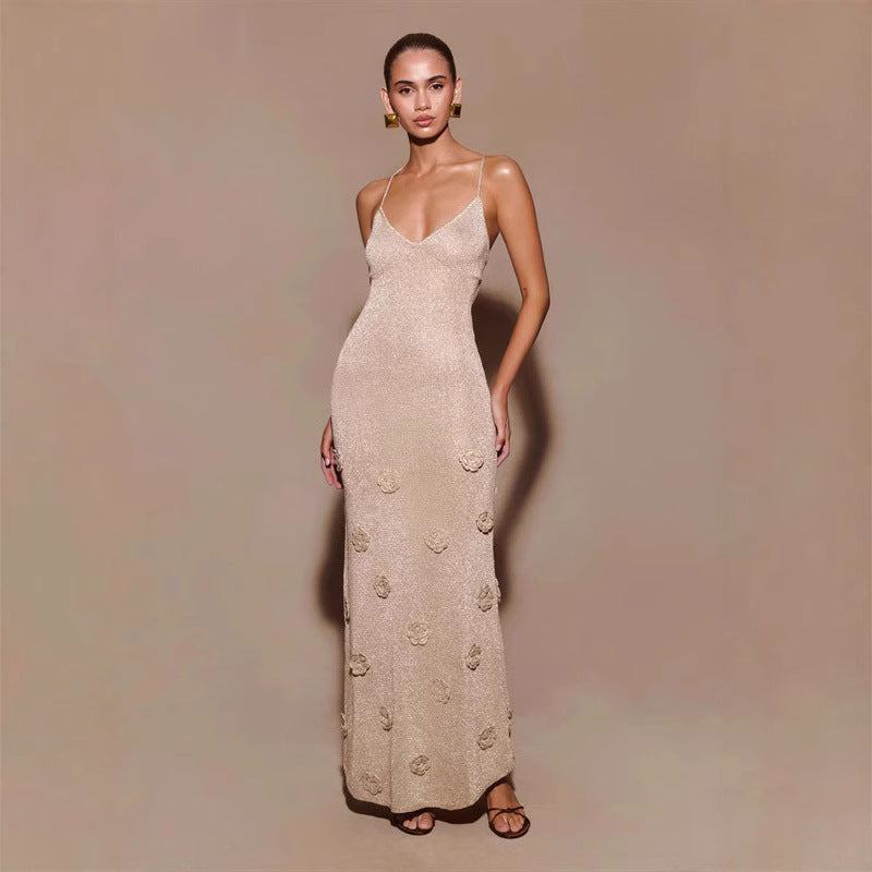 Women's Sequin Maxi Dress with Floral Appliques and Spaghetti Straps - Apricot