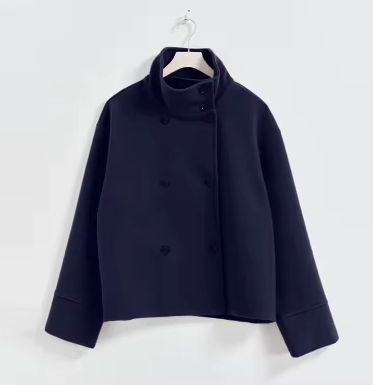 Women's Short Peacoat with High Collar and Minimalist Design - Navy Blue