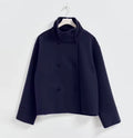Women's Short Peacoat with High Collar and Minimalist Design - Navy Blue