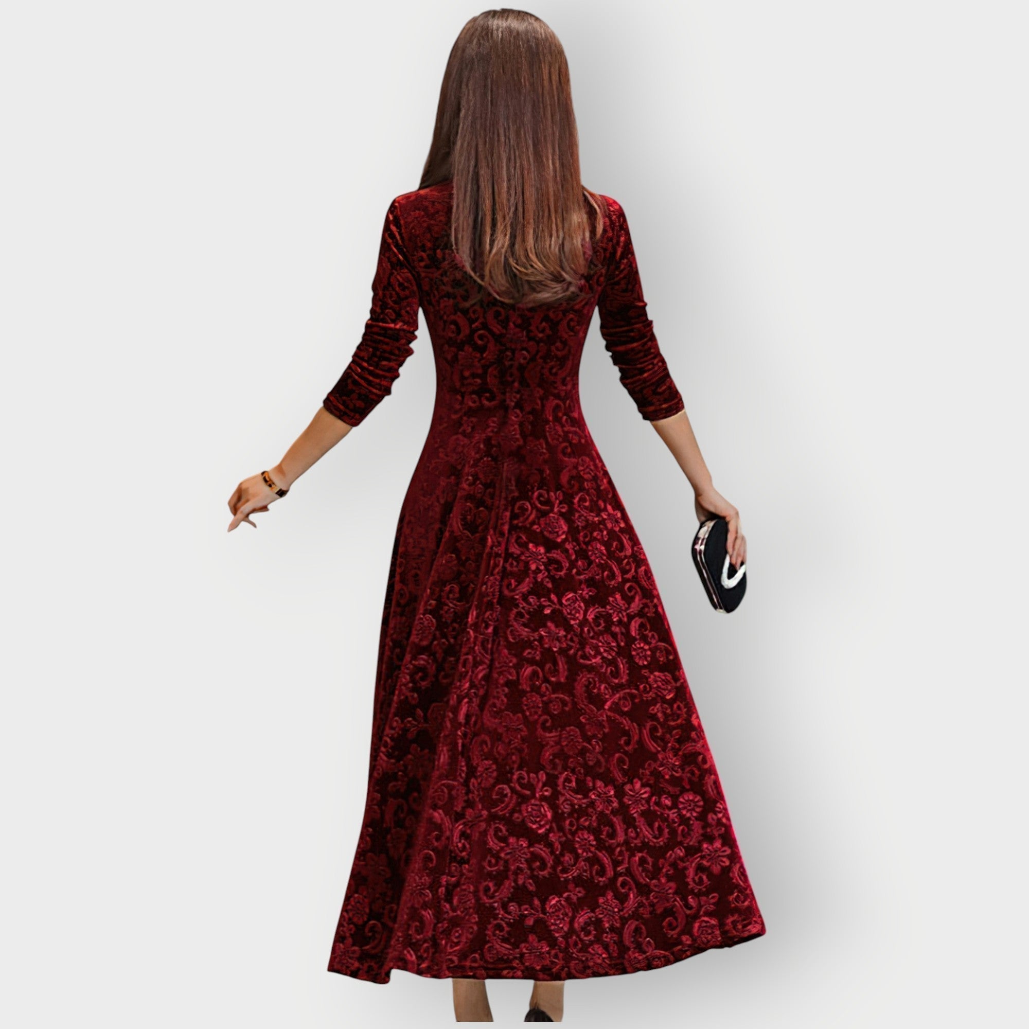 Women's Midi Dress with V-Neck and Flared Skirt - 7