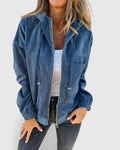 Women's Corduroy Jacket with Zip Front and Drawstring Hood - Blue