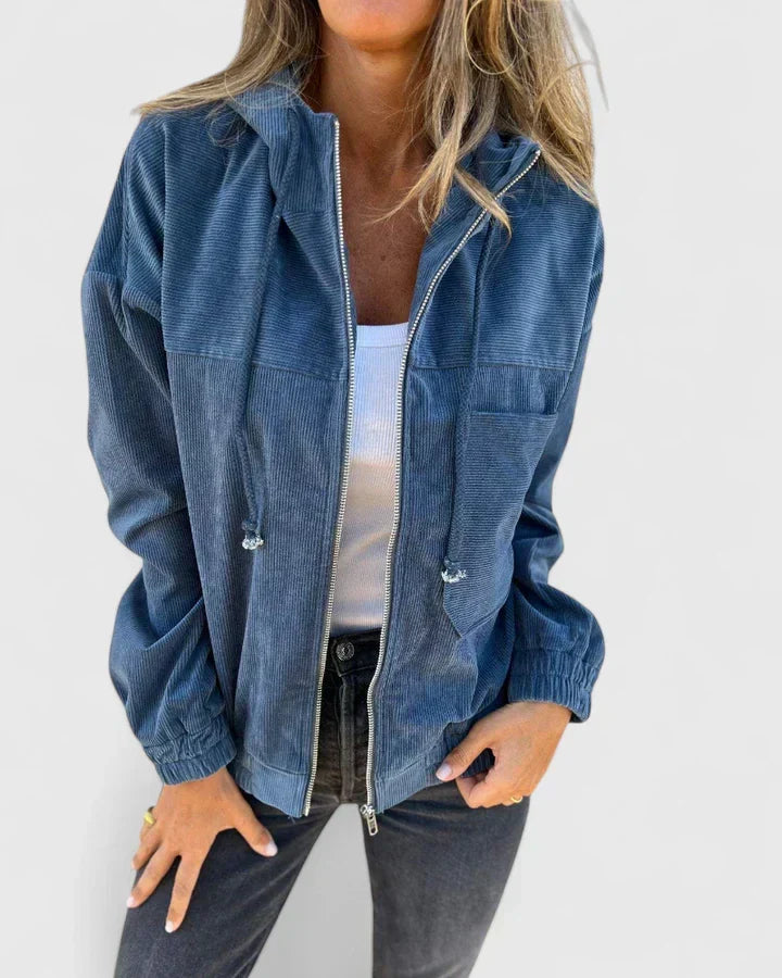 Women's Corduroy Jacket with Zip Front and Drawstring Hood - Blue