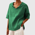 Women's Blouse Short Sleeve with V-Neck and Relaxed Fit - Green