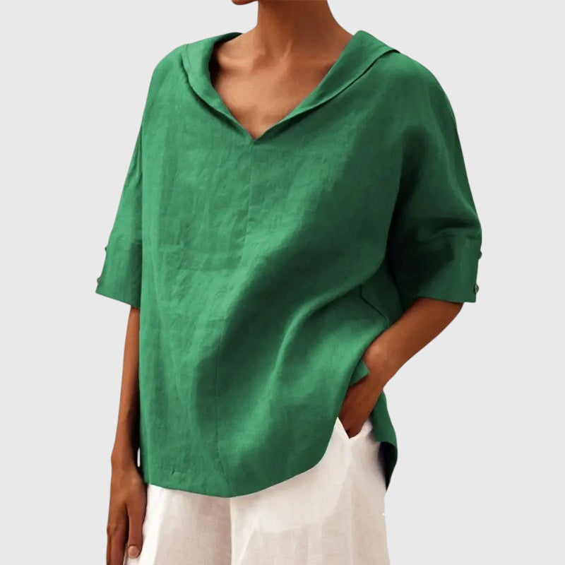 Women's Blouse Short Sleeve with V-Neck and Relaxed Fit - Green