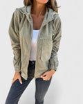 Women's Corduroy Jacket with Zip Front and Drawstring Hood - Green