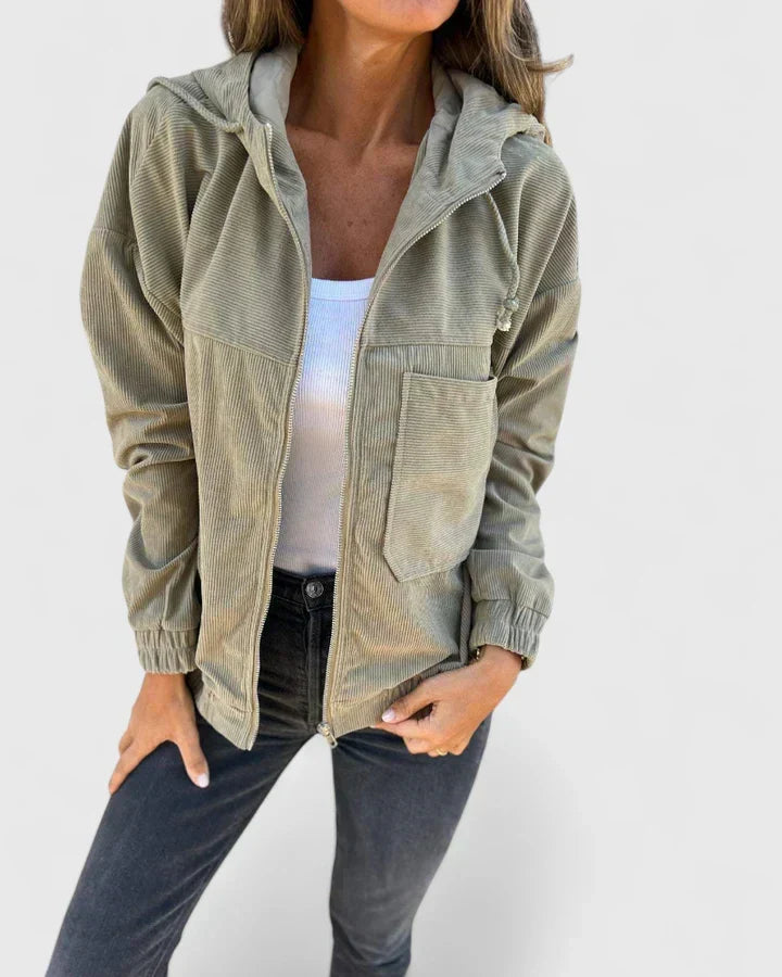 Women's Corduroy Jacket with Zip Front and Drawstring Hood - Green
