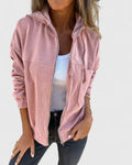 Women's Corduroy Jacket with Zip Front and Drawstring Hood - Pink