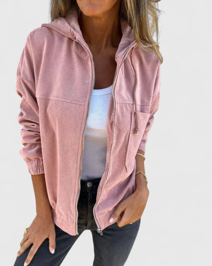 Women's Corduroy Jacket with Zip Front and Drawstring Hood - Pink