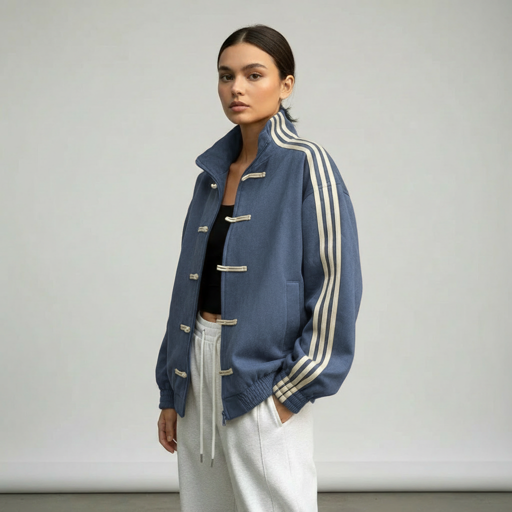 Women's Track Jacket with Button Loops and Contrast Stripes - Blue