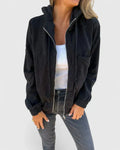 Women's Corduroy Jacket with Zip Front and Drawstring Hood - Black