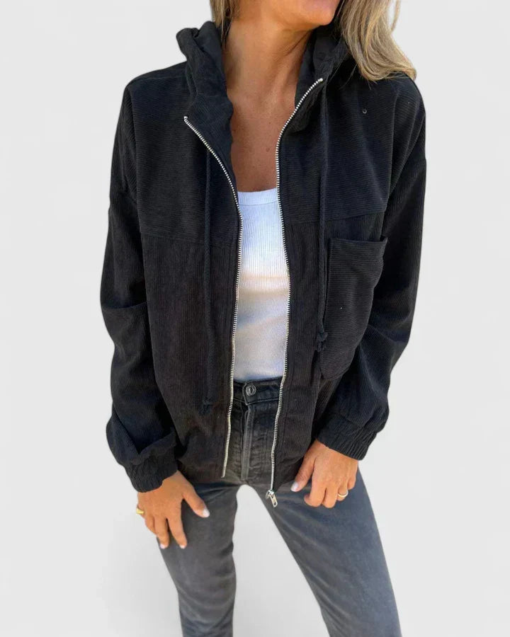 Women's Corduroy Jacket with Zip Front and Drawstring Hood - Black