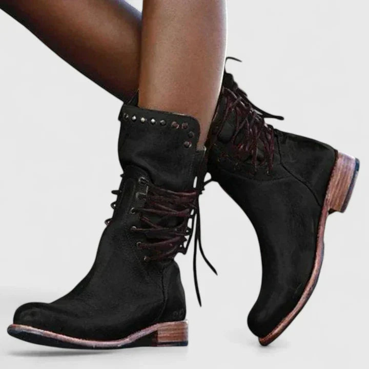 Women's Lace-Up Boots with Studded Trim and Block Heel - Black