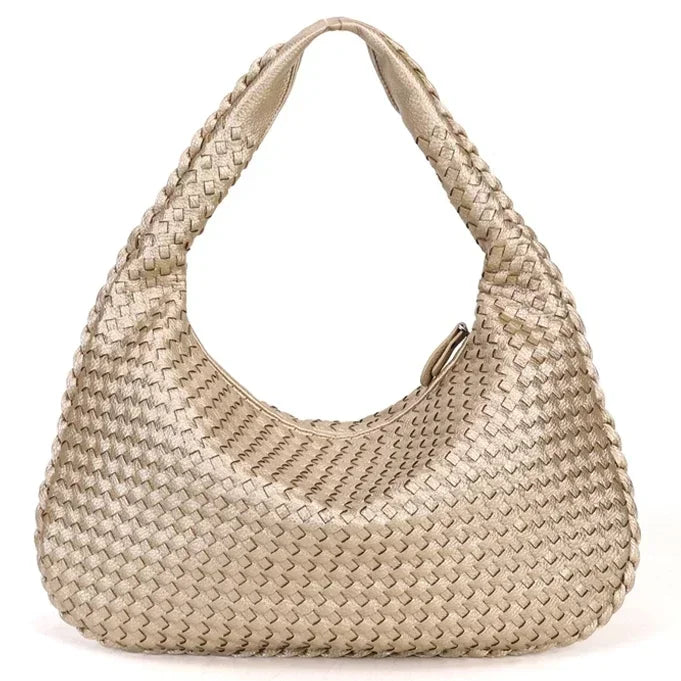 Women's Shoulder Bag with Woven Braided Texture - Gold