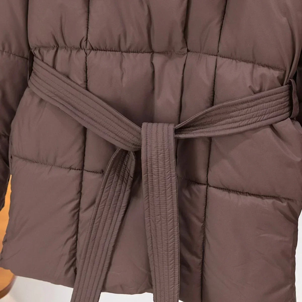 Women's Padded Coat with Belted Waist and Wide Collar - 12