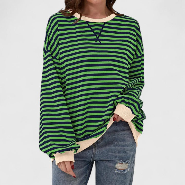 Women's Jumper Striped with Round Neck and Long Sleeves - Green
