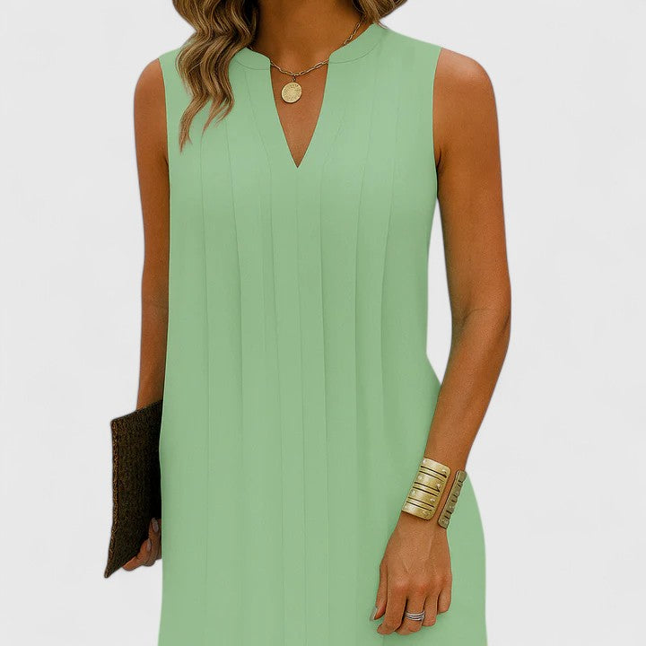 Women's Sleeveless Dress with V-Neck and Pleated Detail - Green