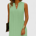Women's Sleeveless Dress with V-Neck and Pleated Detail - Green