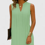 Women's Sleeveless Dress with V-Neck and Pleated Detail - Green