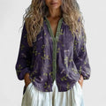 Women's Blouse with Leaf Print and V-Neck Long Sleeves - Purple