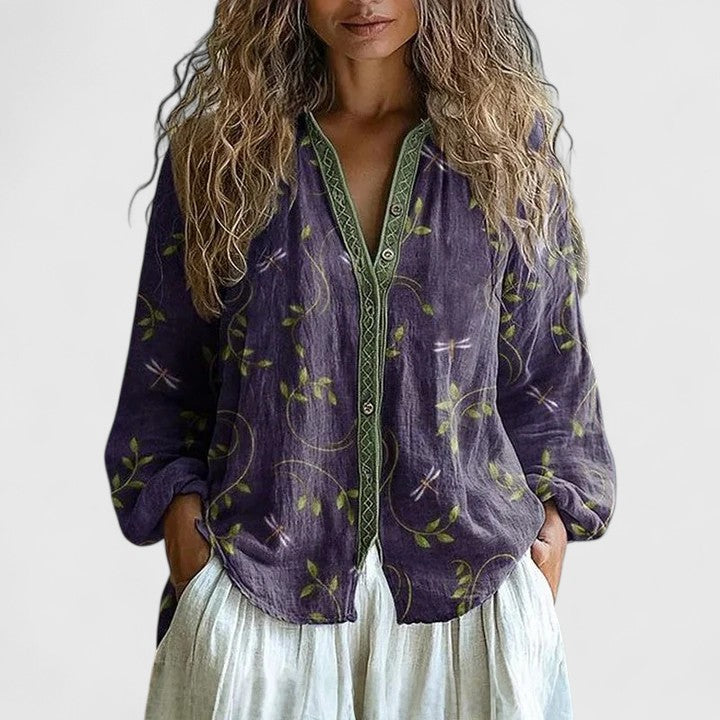 Women's Blouse with Leaf Print and V-Neck Long Sleeves - Purple