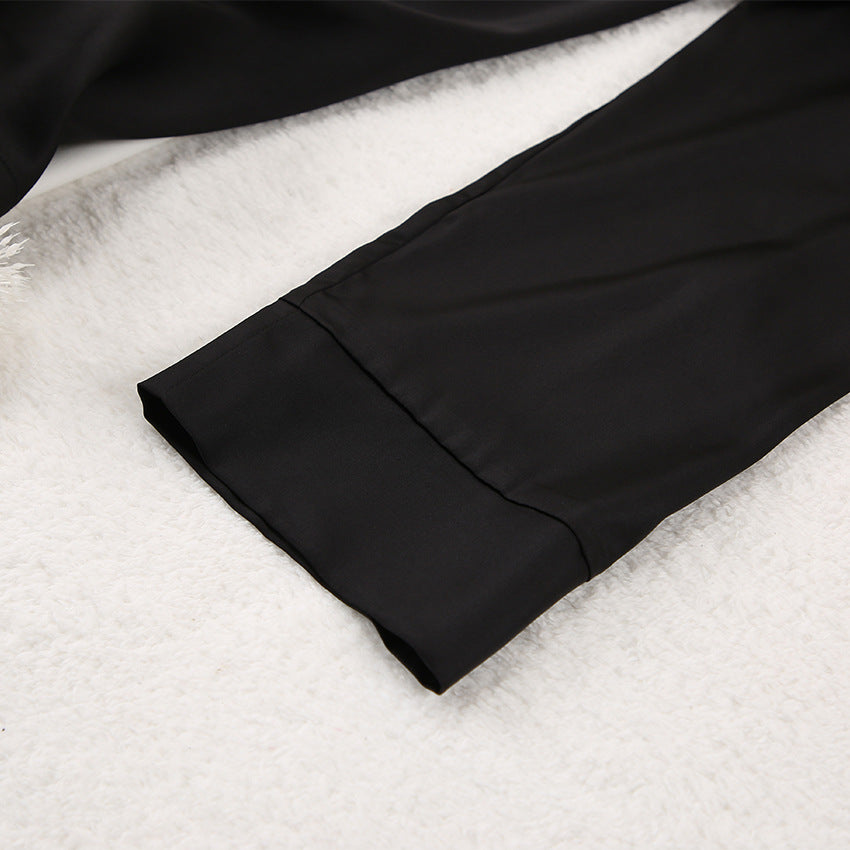 Satin Pyjama Set with Revere Collar and Wide Leg Trousers - 16