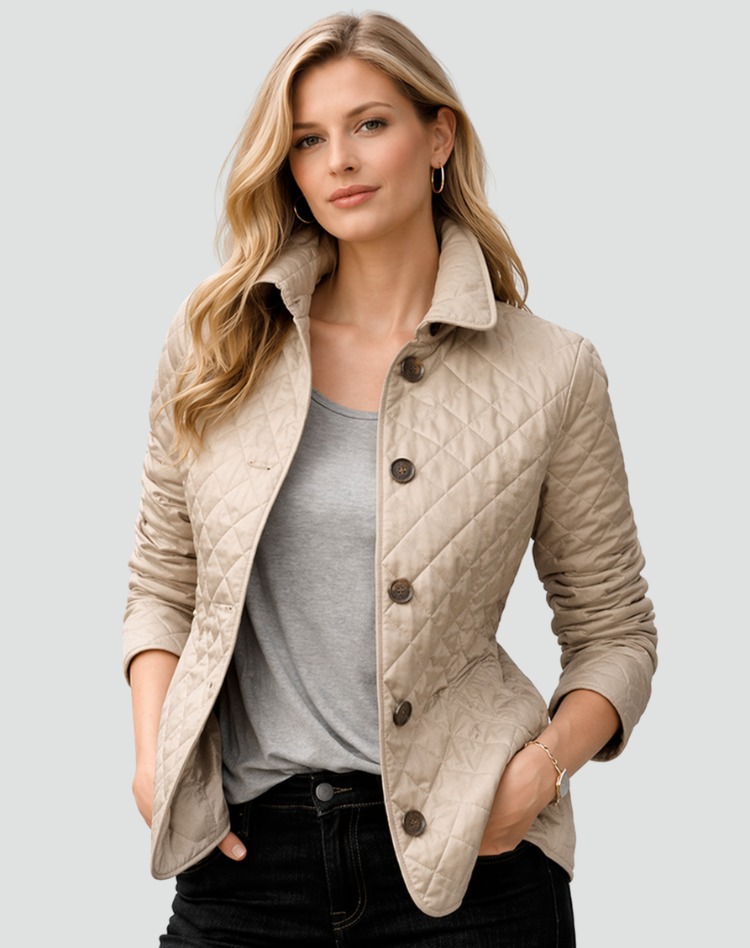 Women's Quilted Jacket with Collar and Button Closure - Brown