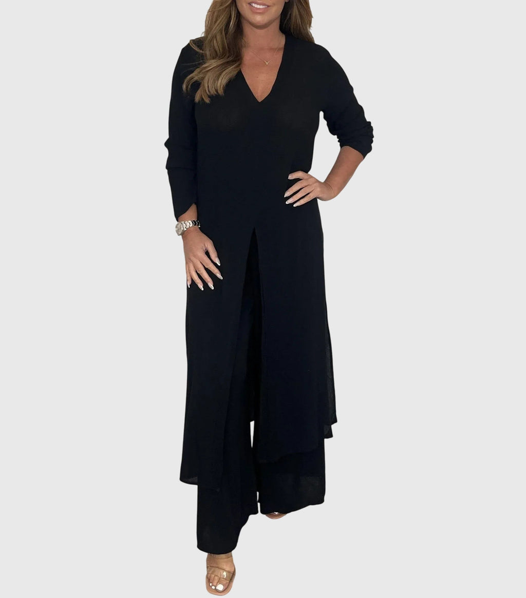 Women's Two-Piece Set with Long Blouse and Wide-Leg Trousers - Black