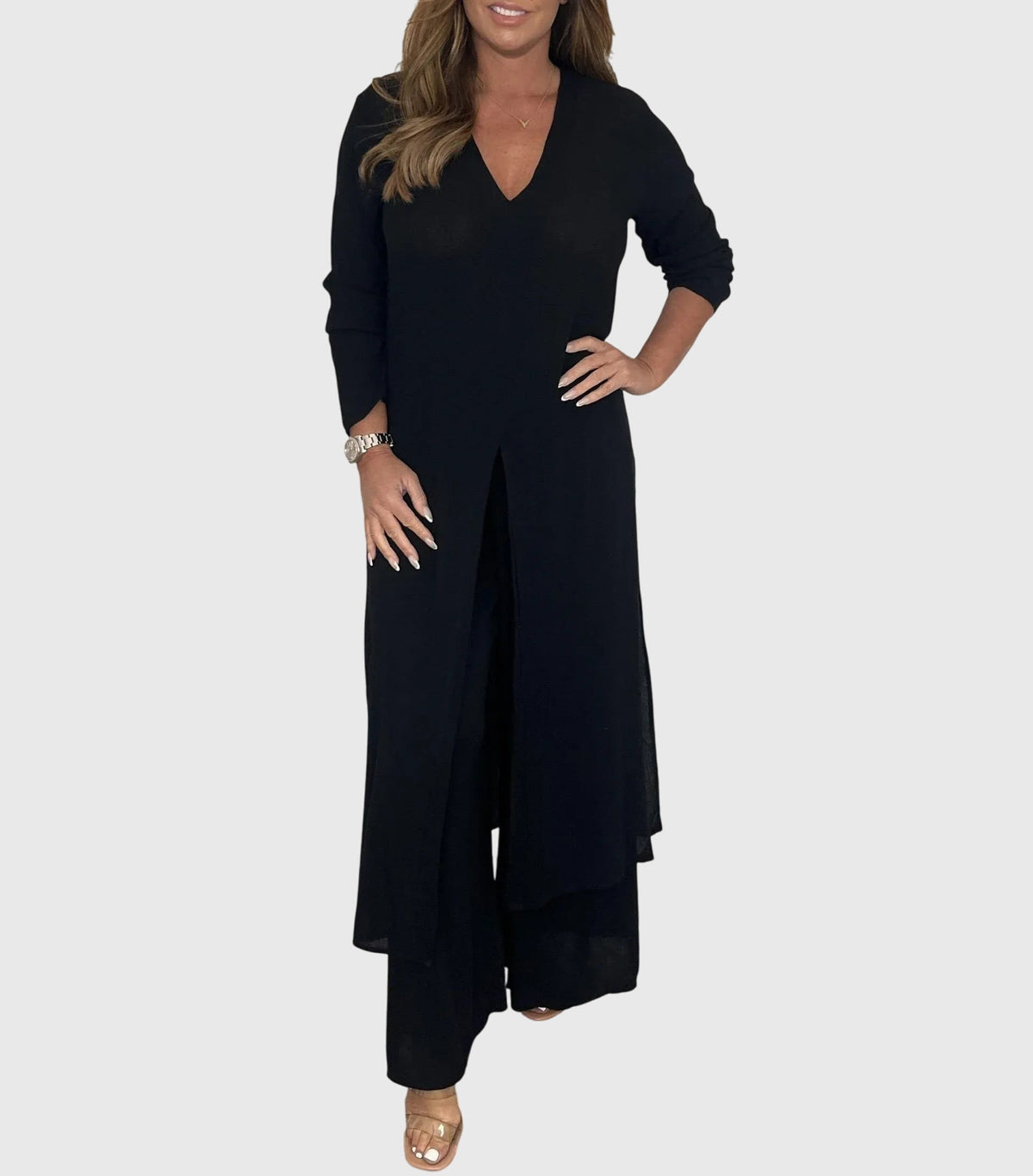 Women's Two-Piece Set with Long Blouse and Wide-Leg Trousers - Black