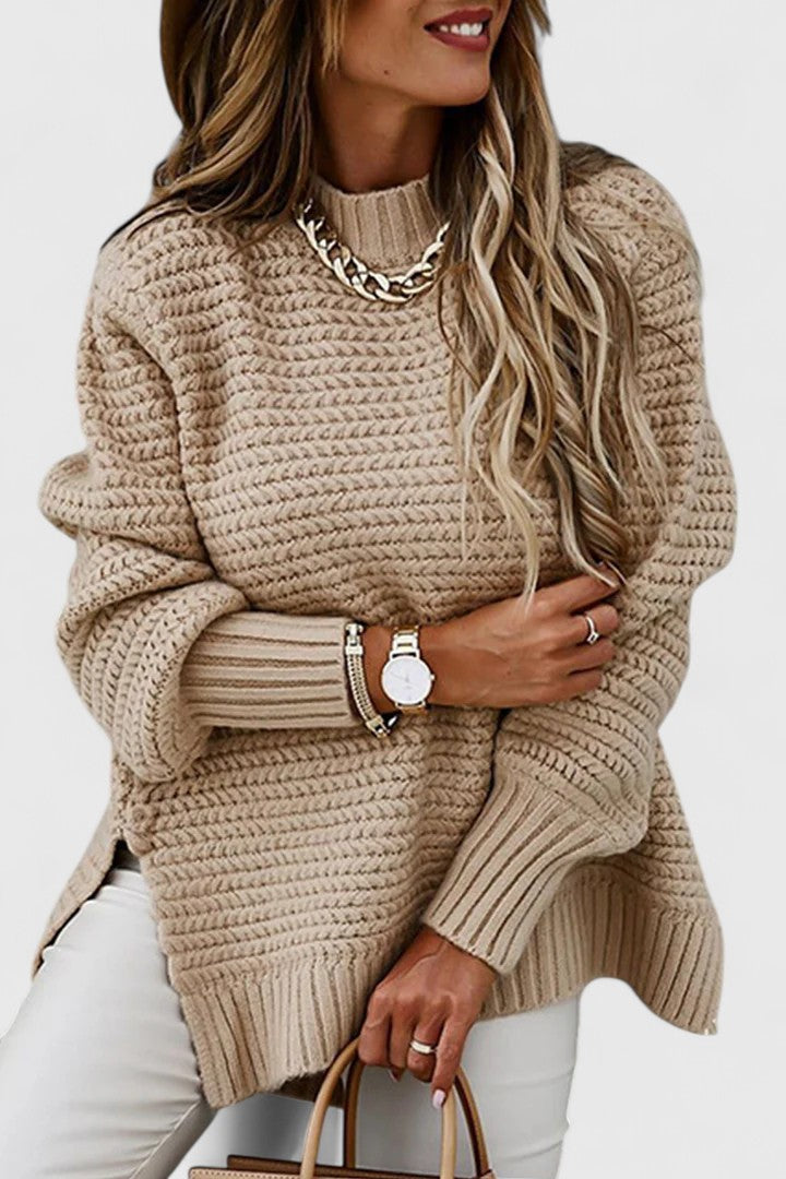 Women's Jumper Loose Fit with Side Slits and O-Neck