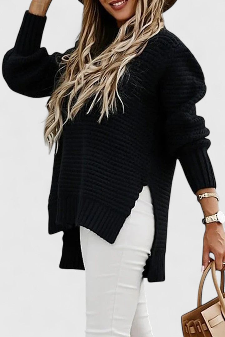 Women's Jumper Loose Fit with Side Slits and O-Neck - 3