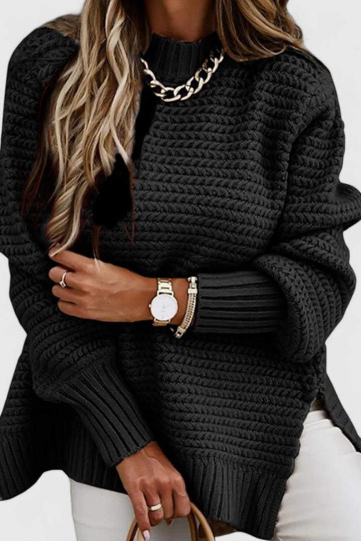 Women's Jumper Loose Fit with Side Slits and O-Neck - Black