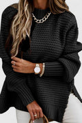 Women's Jumper Loose Fit with Side Slits and O-Neck - Black