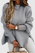 Women's Jumper Loose Fit with Side Slits and O-Neck - Grey
