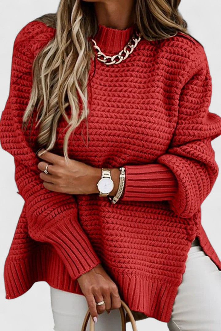 Women's Jumper Loose Fit with Side Slits and O-Neck - Red